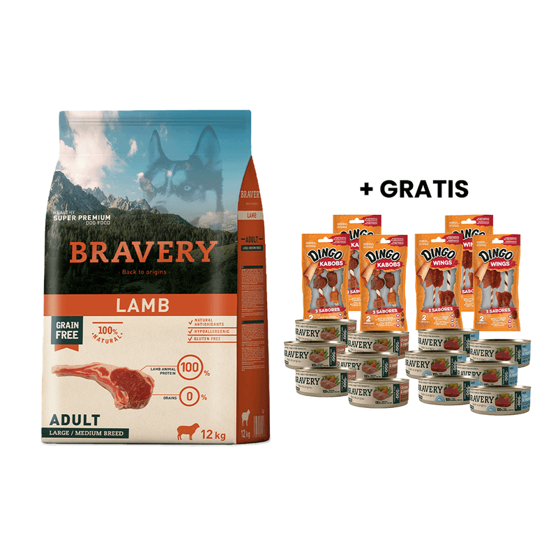 Bravery Lamb Adult Large_Medium Breeds 12 kg + GRATIS 12 Latas Bravery Perro y 6 Snacks Dingo