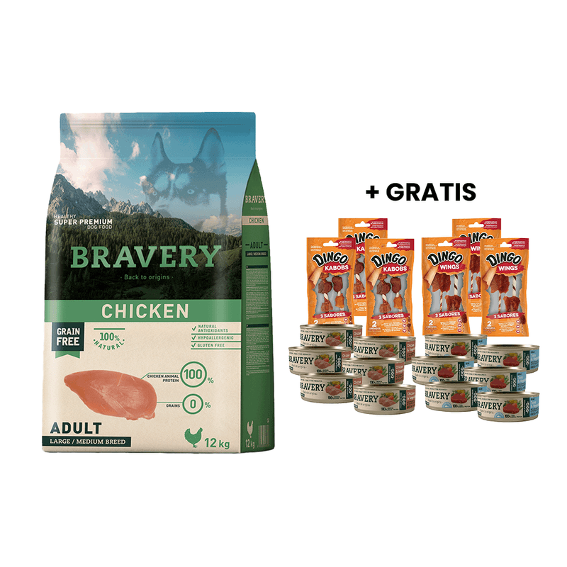 Bravery Chicken Adult Large_Medium Breeds 12 kg + GRATIS 12 Latas Bravery Perro y 6 Snacks Dingo